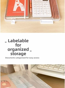 Detail view of transparent A4 storage box with secure buckle and integrated label slot