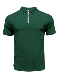 Detail of dark green polo shirt with zipper placket and smooth knit fabric texture