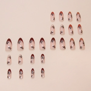 French tip almond fake nails with leaf patterns in burgundy and nude tones, 24 pieces