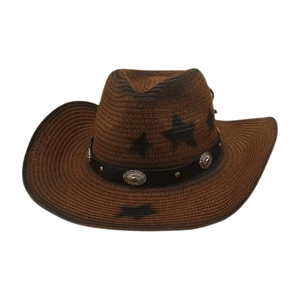 Chapeau de cow-boy en paille marron avec imprimés étoiles et boucle en métal argenté