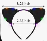 Front view of black LED cat ear headband with detailed dimensions of 8.26 and 2.36 inches