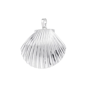Detailed view of a silver shell-shaped metal pendant with a polished finish for DIY jewelry