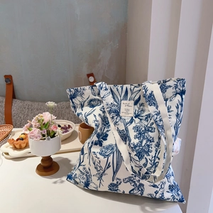 Canvas Tote Bag Blue Floral Print Cotton Large Capacity Shoulder Handbag Vintage French Style Women Casual