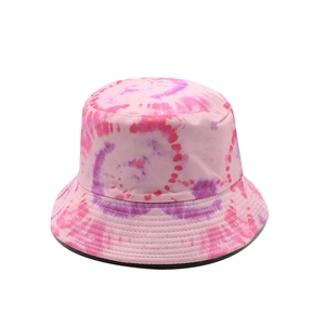 Detail view of pink and purple tie-dye bucket hat with reinforced brim stitching