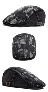 Detailed views of vintage distressed denim beret with ripped holes and adjustable buckle