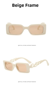 Macro detail of rectangle sunglasses featuring beige frames and hollow flame temple design