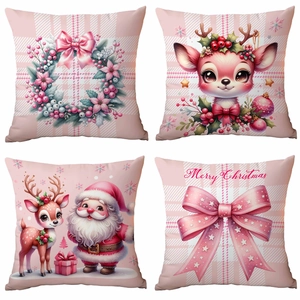 Pink Christmas Pillow Case Santa Reindeer Pattern Short Plush Soft Cushion Cover Home Decor Square Invisible Zipper