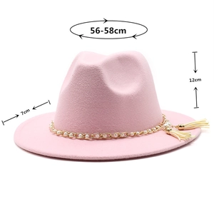 Pink wool fedora featuring pearl gold chain and tassels with 56-58cm size detail