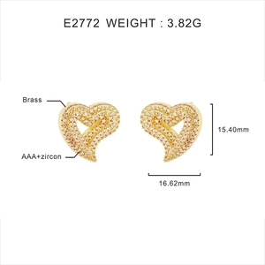 Detailed view of heart stud earrings with dimensions 15.40mm by 16.62mm in brass and zircon