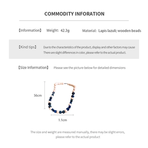 Lapis lazuli and wooden bead necklace detailed view with 56cm length measurement