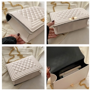 Detailed views of a white quilted crossbody bag with gold chain and turn-lock closure