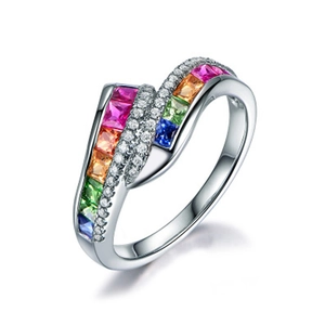 Exquisite silver-plated rainbow zircon wave ring with colorful square-cut gemstones