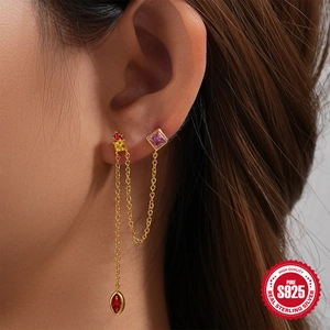 S925 sterling silver chain earrings with colorful zircon stones worn by model