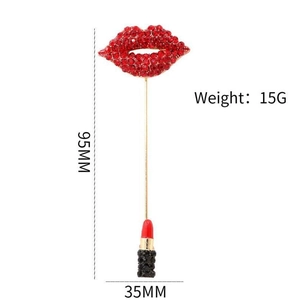 Stylish red lip and lipstick brooch with crystals and measurements of 95mm by 35mm