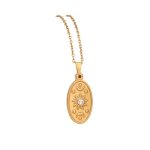 Golden stainless steel oval moon and star pendant necklace with a clear rhinestone