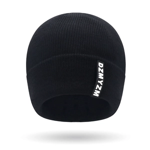 Black ribbed winter knit hat with letters patch for men warmth and cycling