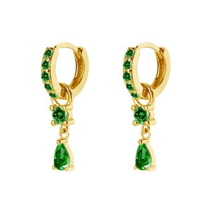 Close-up of S925 golden teardrop earrings with sparkling green zircon stones