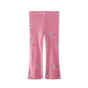 Pink ribbed flared leggings for girls with cute animal panda prints for autumn wear