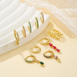 Gold-plated hoop earrings set with colorful teardrop marquise crystals and ear cuff