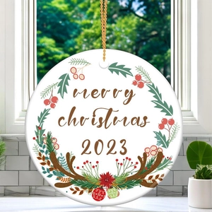 Festive Christmas acrylic round ornament with Merry Christmas 2023 wreath and gold chain