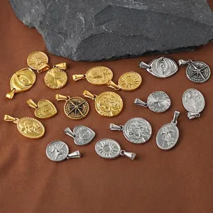 Vintage stainless steel religious pendants in gold and silver for DIY jewelry.