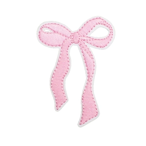Pink cherry bow embroidery patch with fine stitching and glossy finish for crafts