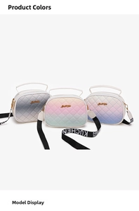 Close-up of rainbow gradient quilted shoulder bags with stylish wide fabric straps