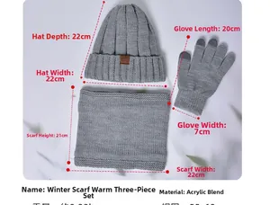Three-piece grey knit set with beanie, scarf, and gloves showing acrylic wool blend texture