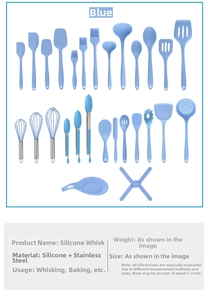Light blue silicone kitchen utensil set with stainless steel handles for cooking and baking