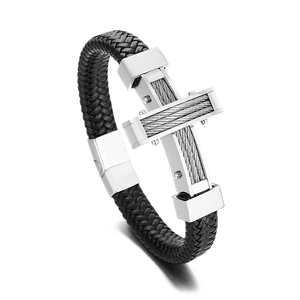 Men's black braided leather bracelet featuring a steel cable inlay cross and magnetic clasp