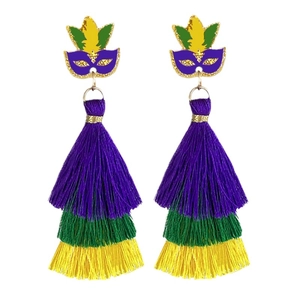 Mardi Gras mask earrings with purple, green, and gold sequins and layered fringe tassels