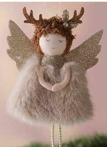 Detail of plush angel Christmas ornament with golden sequin wings and reindeer antlers