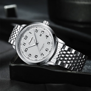 Men's silver mechanical watch with white honeycomb dial and date display on black silk
