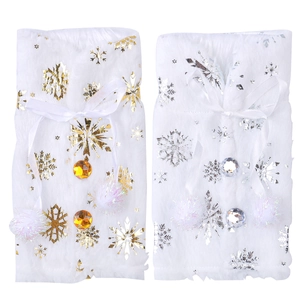 White plush Christmas wine bottle covers with gold and silver snowflake patterns and bows