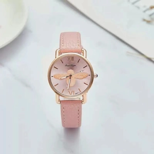 Elegant ladies watch with gold bee relief on a pink leather strap and white marble dial