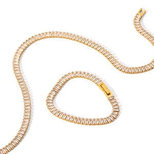 Classic gold stainless steel tennis necklace and bracelet set with square zircon stones