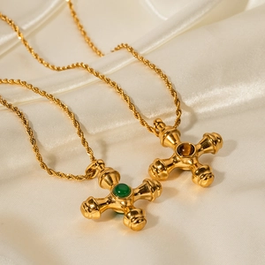 18k gold plated stainless steel cross necklaces with tiger eye and malachite gemstones