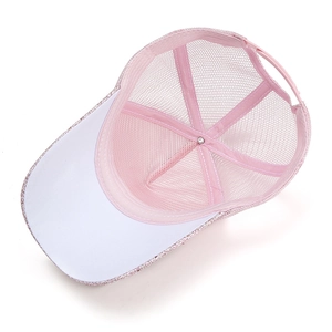 Pink mesh baseball cap with sequined brim and R-letter design for women sun protection