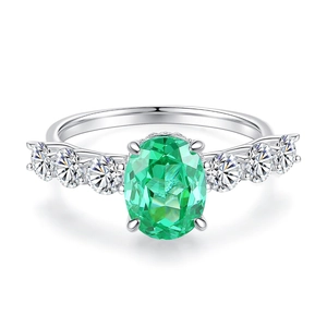 Bague en argent sterling S925 avec pierre ovale vert émeraude et zircons cubiques clairs