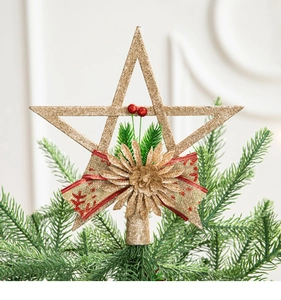 Golden Christmas tree star topper with glitter, burlap bow, and red winter berries detail