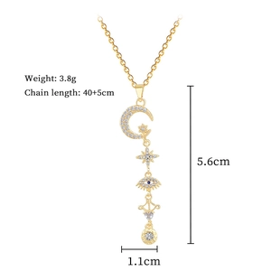 Detailed size chart of gold star and moon tassel necklace showing length and weight