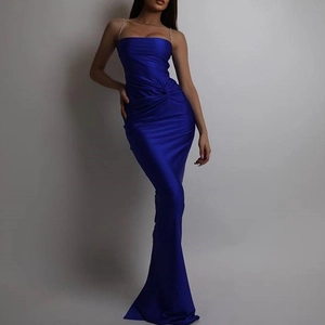 Elegant royal blue satin long dress featuring slim fit backless design and fishtail hem