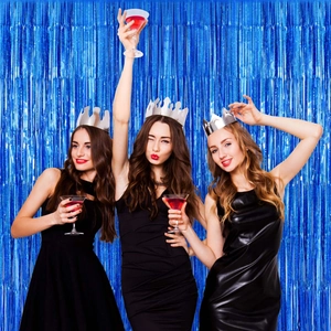 Close-up of blue metallic tinsel foil fringe curtain for party wall decoration