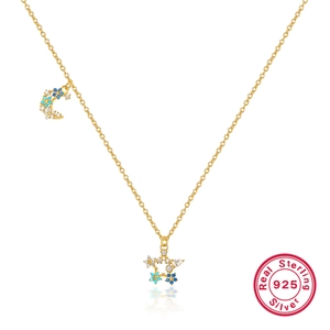 Elegant 925 sterling silver moon and star necklace with sparkling crystals in gold finish