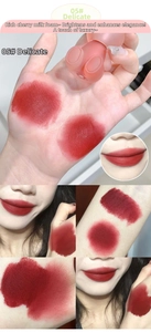 Deep cherry red matte lip clay 05 shown in arm swatches and velvety lip application