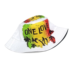 Detail of ONE LOVE letters and palm tree print on white cotton sun bucket hat