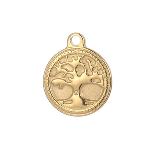 Polished gold circular tree of life pendant with beaded edge on white background