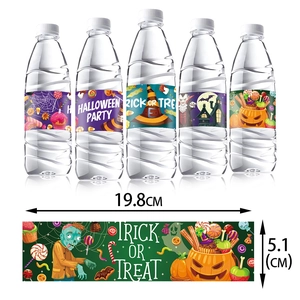 Halloween party water bottle labels featuring pumpkin and ghost designs in a set of five