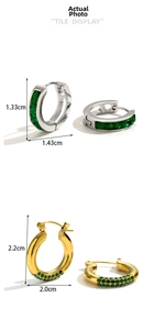 Detailed tile display of geometric titanium steel earrings with dimensions in cm