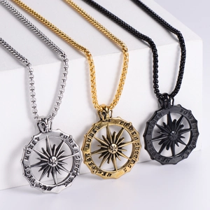 Hip Hop Sun God Compass Pendant Necklace For Men 304 Stainless Steel Gothic Punk Round Engraved Medallion Jewelry
